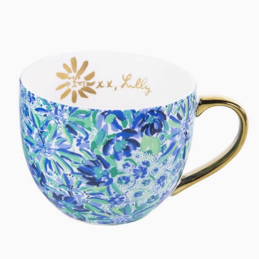 Lilly Pulitzer Tiger XX Lily Blue Floral 12oz Coffee Tea Cup Mug Gold - Picture 3 of 5